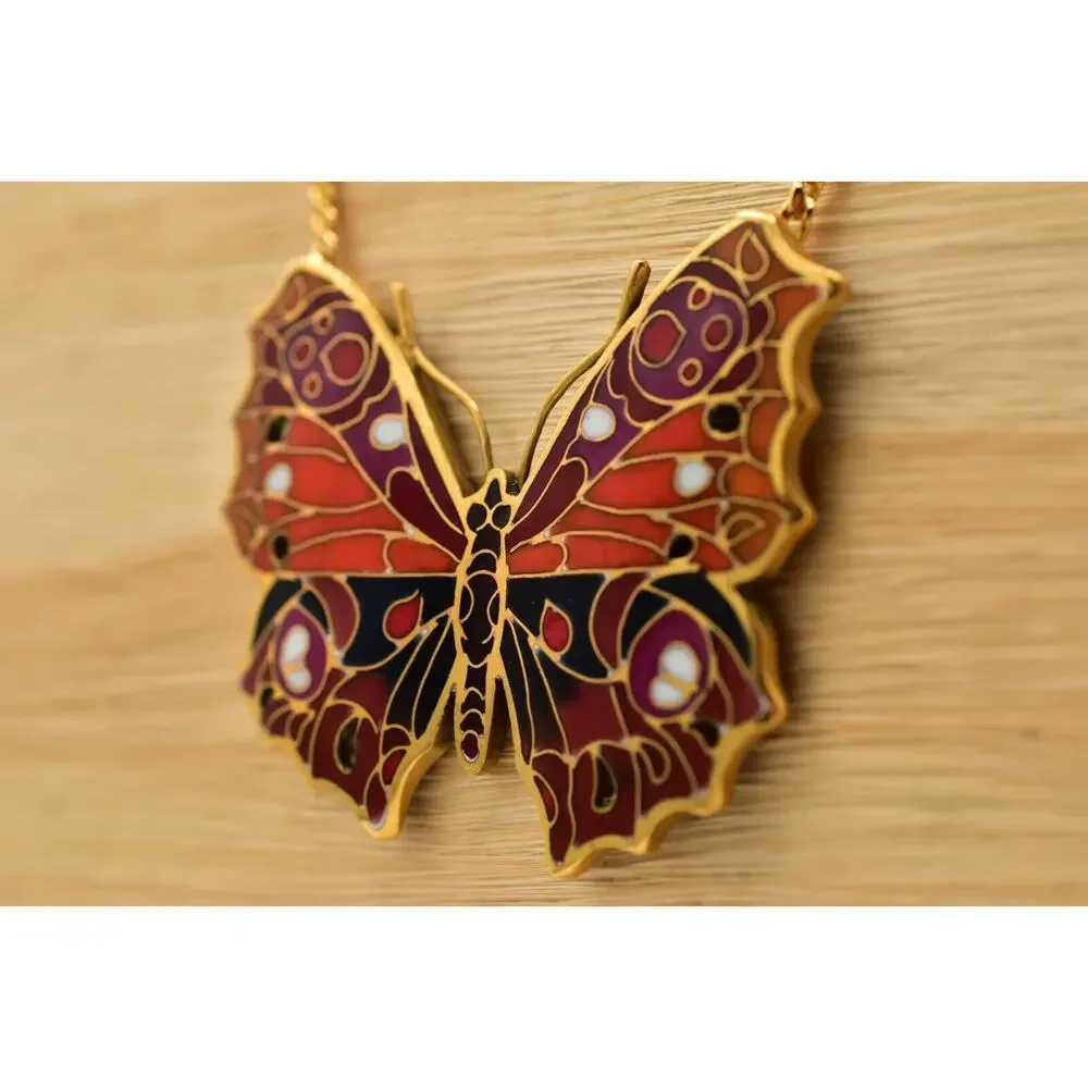 Vintage Cloisonné Butterfly Pendant Necklace Monarch Red Gold Heavy 1970s BinBL